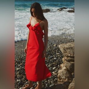 Zara XS NWT red ruffled gabardine dress. Vneck, adjustable strap